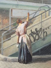 ヤン・ステーンの『鸚鵡に餌をやる女、バックギャモンに興じる二人の男およびその他の人物のいる室内、通称「鸚鵡の鳥籠」』に描かれた女性が、水晶橋近くで餌づけの練習をする